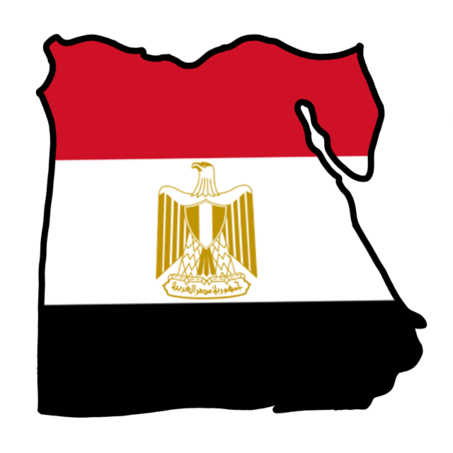 The shape of the country of Egypt colored in three stripes from top to bottom red, white, and black. In the center of the white stripe there is a golden eagle seal.